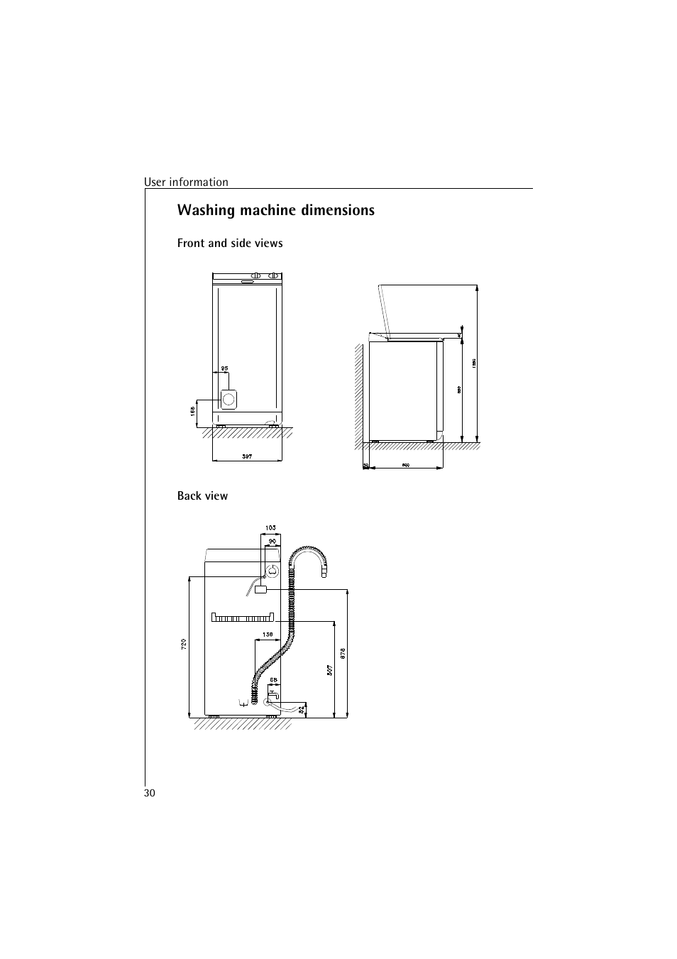 Washing machine dimensions | AEG LAVAMAT 4520 User Manual | Page 30 / 36