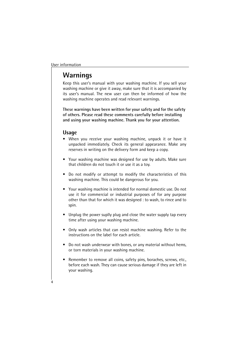 Warnings, Usage | AEG LAVAMAT 4520 User Manual | Page 4 / 36