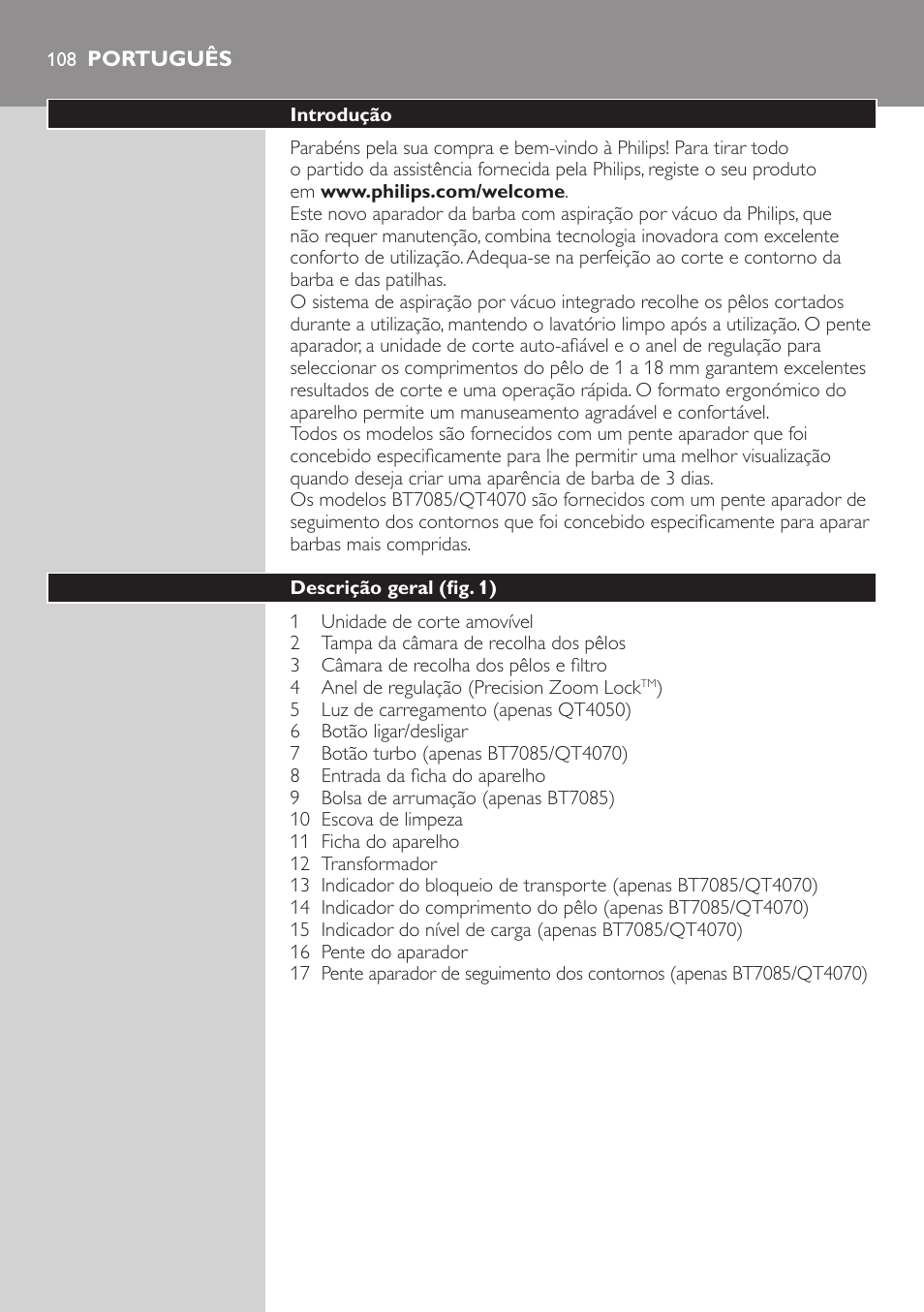 Português | Philips BEARDTRIMMER Series 7000 barbero con sistema de aspiración User Manual | Page 108 / 140