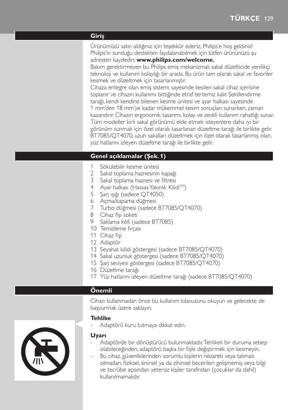 Türkçe, Türkçe 12 | Philips BEARDTRIMMER Series 7000 barbero con sistema de aspiración User Manual | Page 129 / 140