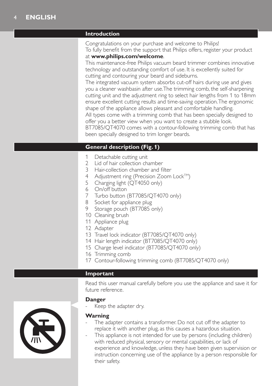 English | Philips BEARDTRIMMER Series 7000 barbero con sistema de aspiración User Manual | Page 4 / 140