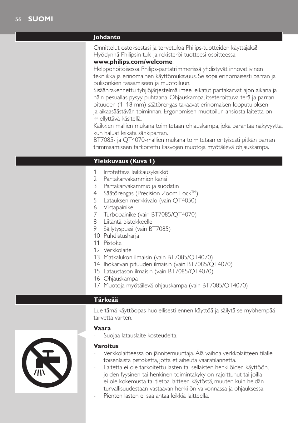 Suomi | Philips BEARDTRIMMER Series 7000 barbero con sistema de aspiración User Manual | Page 56 / 140