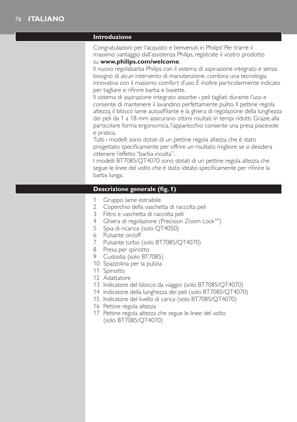 Italiano | Philips BEARDTRIMMER Series 7000 barbero con sistema de aspiración User Manual | Page 76 / 140