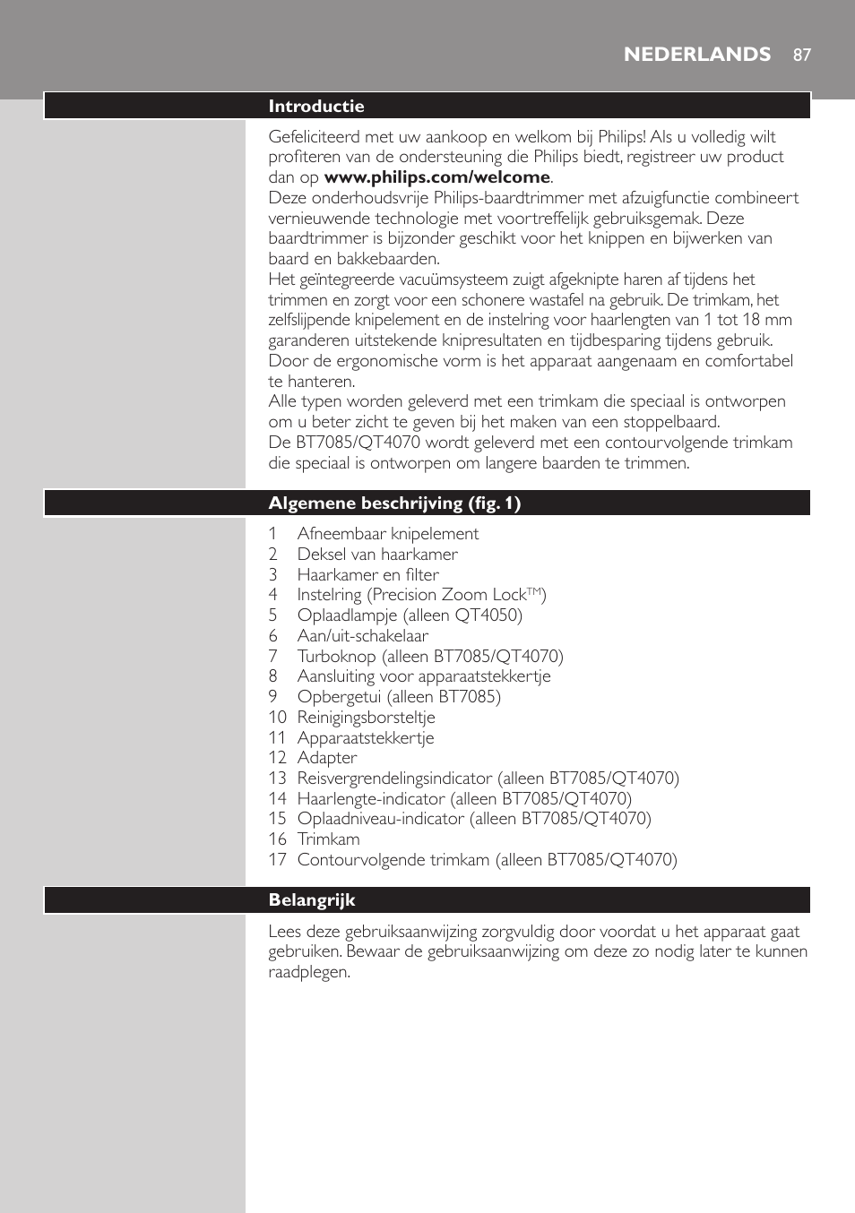 Nederlands, Nederlands 87 | Philips BEARDTRIMMER Series 7000 barbero con sistema de aspiración User Manual | Page 87 / 140