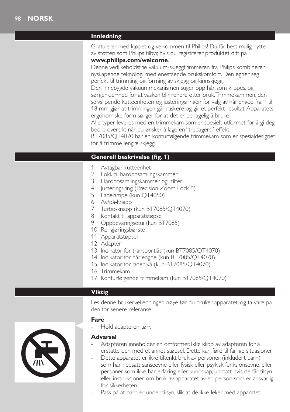 Norsk, Norsk 98 | Philips BEARDTRIMMER Series 7000 barbero con sistema de aspiración User Manual | Page 98 / 140