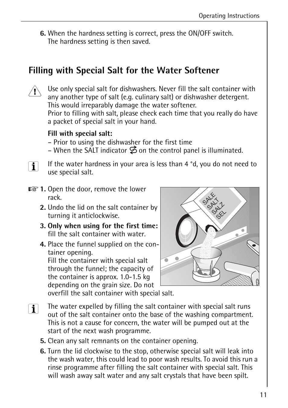 Filling with special salt for the water softener | AEG 50800 User Manual | Page 11 / 44