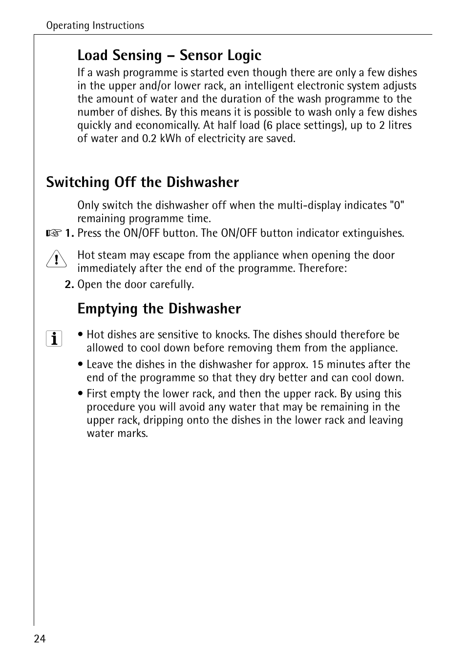 Load sensing – sensor logic, Switching off the dishwasher, Emptying the dishwasher | AEG 50800 User Manual | Page 24 / 44