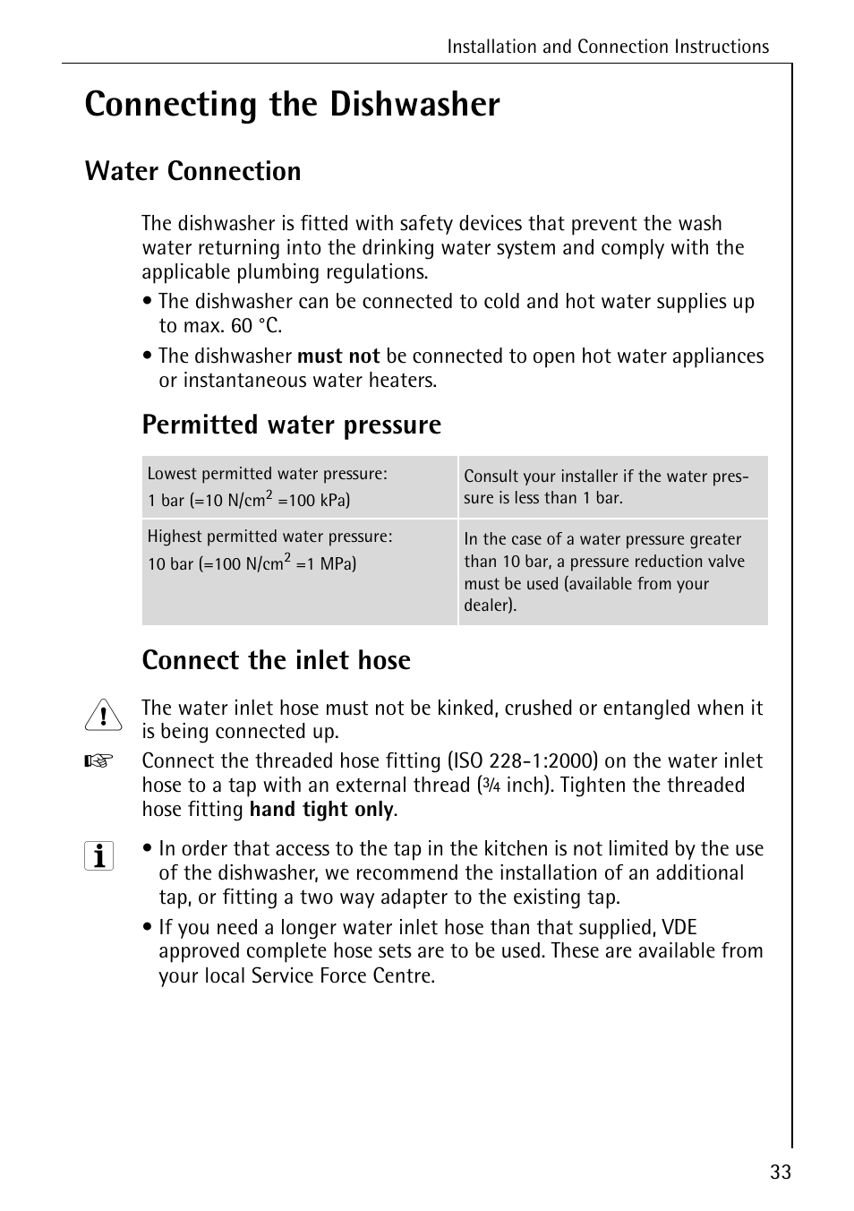 Connecting the dishwasher, Water connection, Permitted water pressure connect the inlet hose | AEG 50800 User Manual | Page 33 / 44