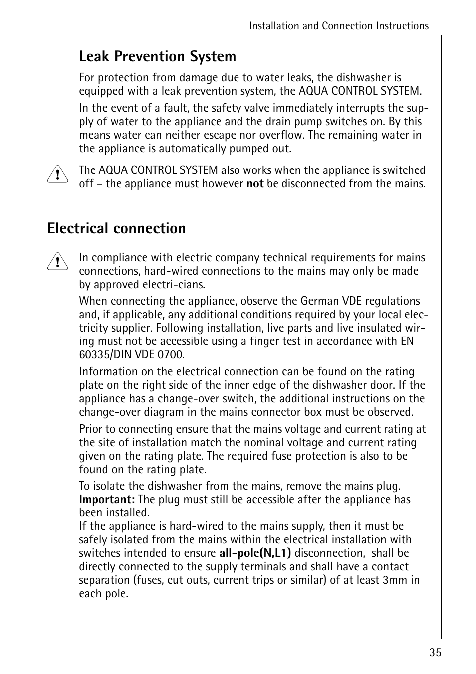 Leak prevention system, Electrical connection | AEG 50800 User Manual | Page 35 / 44