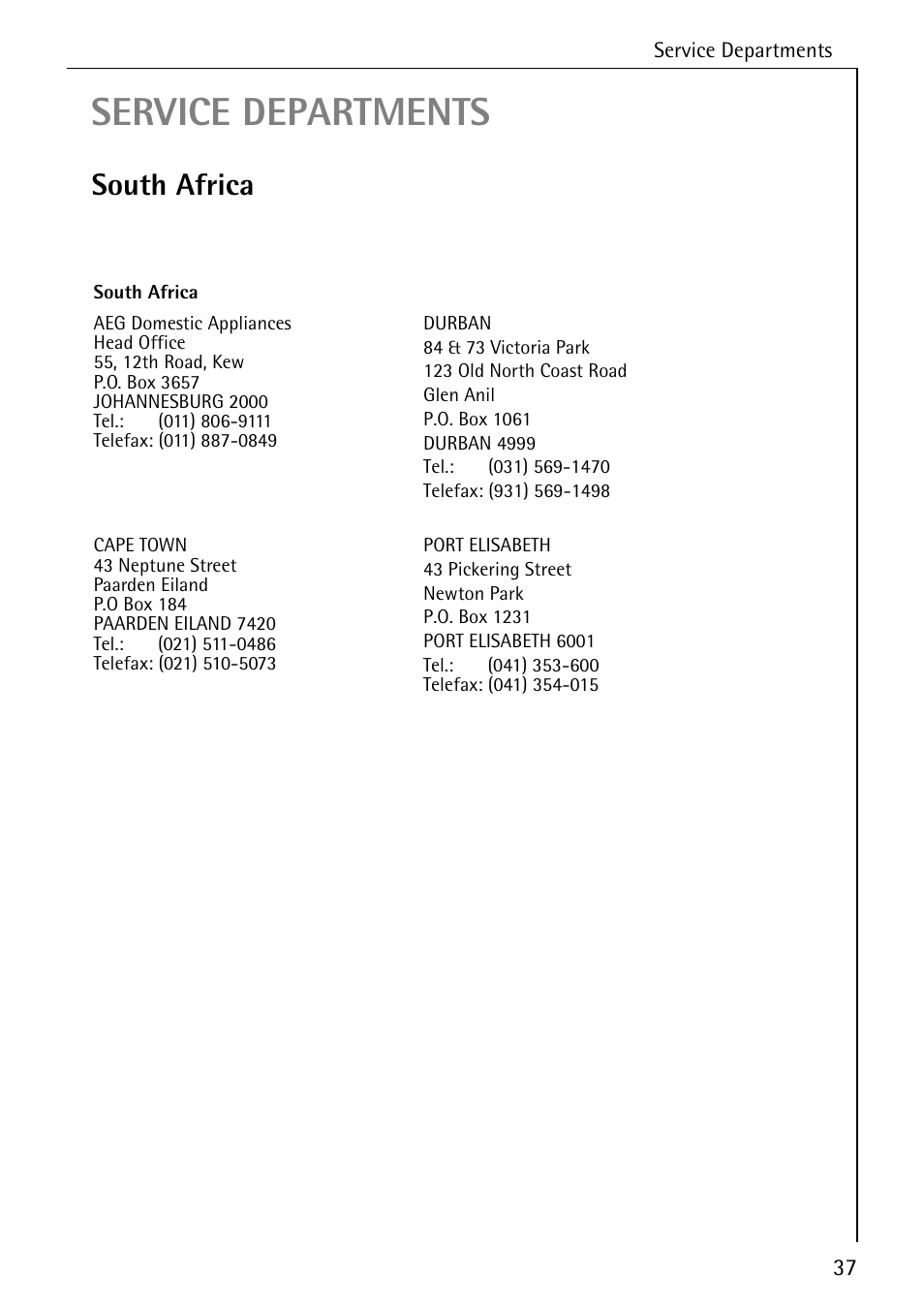 Service departments, South africa | AEG 50800 User Manual | Page 37 / 44