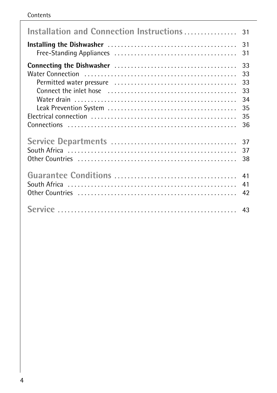 Installation and connection instructions, Service departments, Guarantee conditions | Service | AEG 50800 User Manual | Page 4 / 44