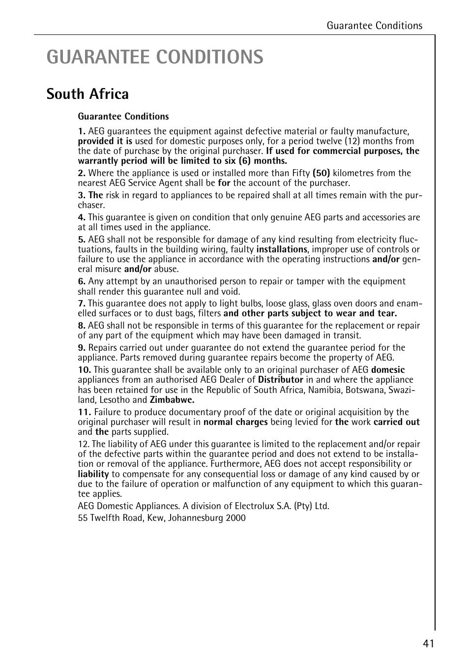 Guarantee conditions, South africa | AEG 50800 User Manual | Page 41 / 44