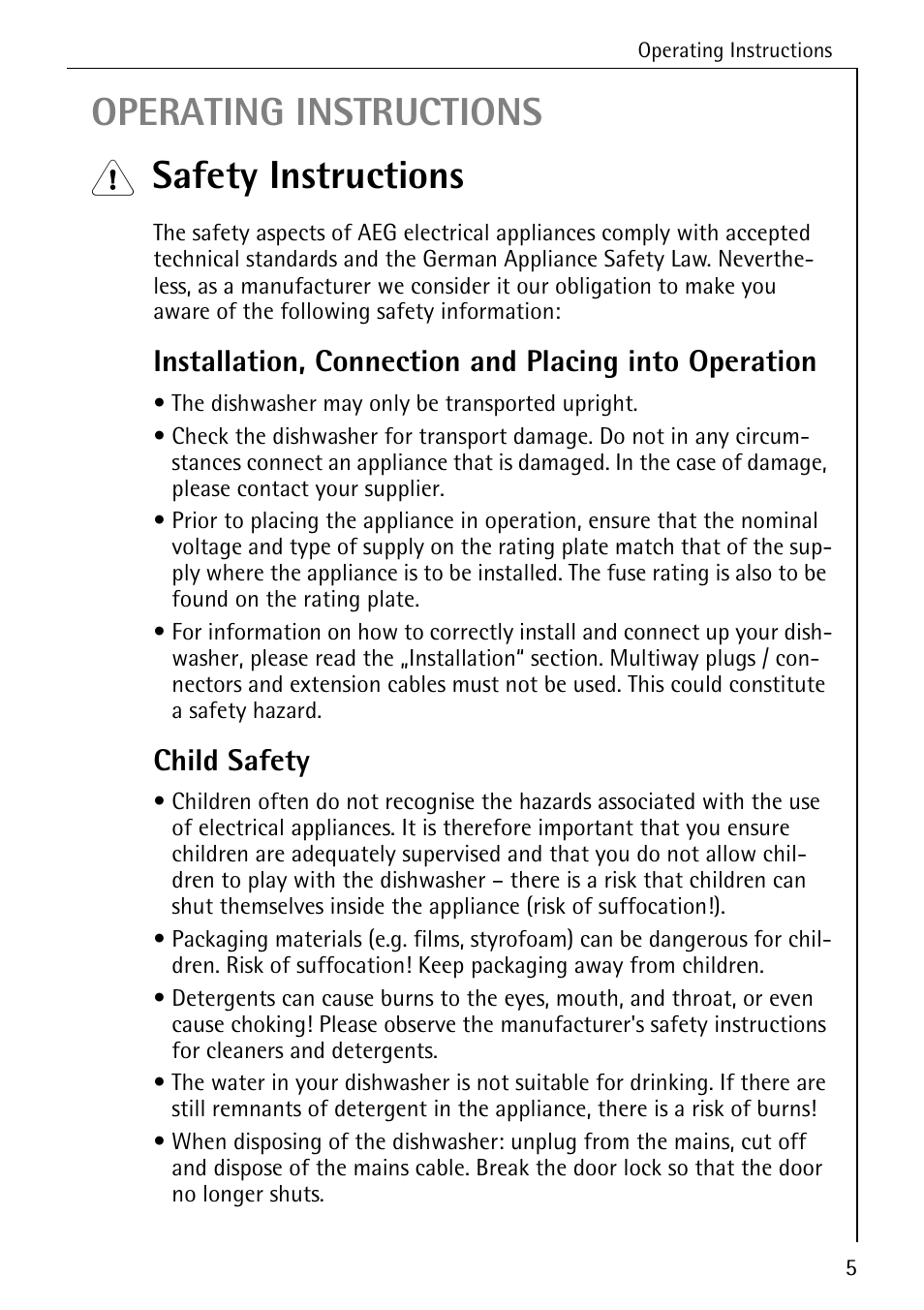 Operating instructions, Safety instructions, Child safety | AEG 50800 User Manual | Page 5 / 44