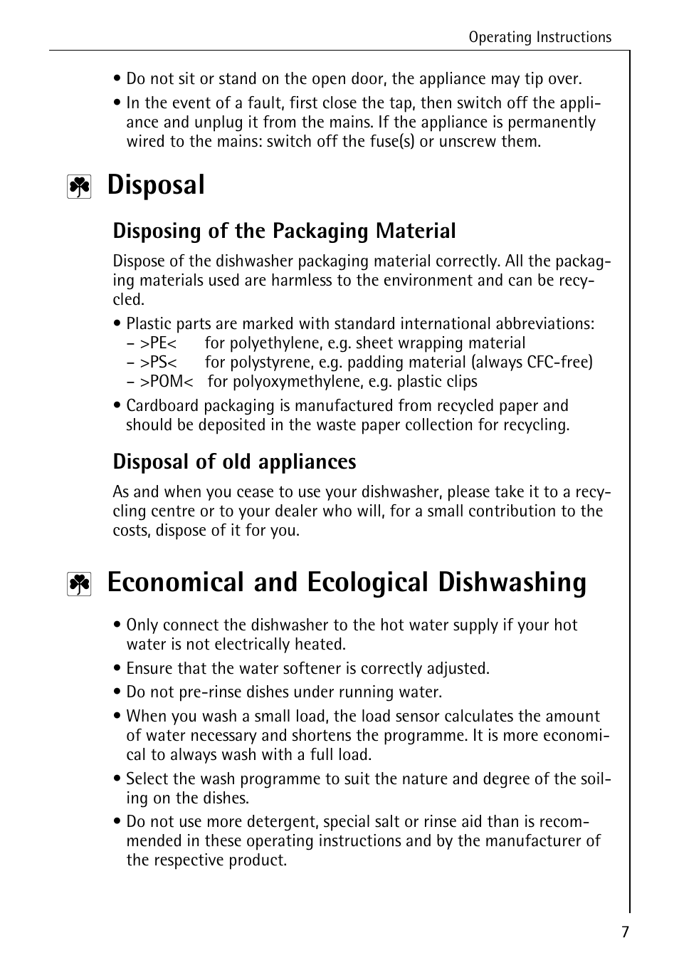 Disposal, Economical and ecological dishwashing, Disposing of the packaging material | Disposal of old appliances | AEG 50800 User Manual | Page 7 / 44