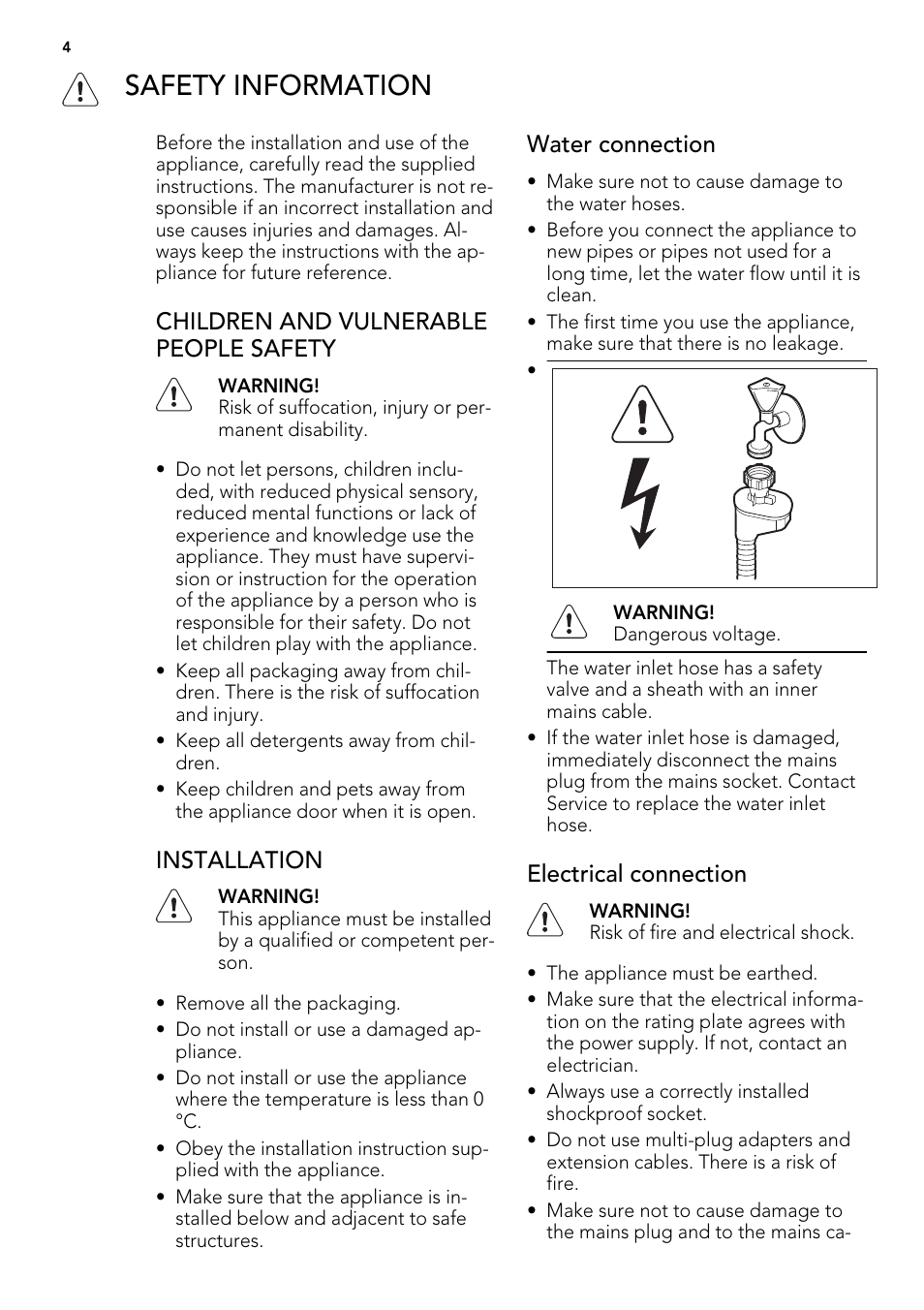 Safety information, Children and vulnerable people safety, Installation | Water connection, Electrical connection | AEG 78400 VI User Manual | Page 4 / 24