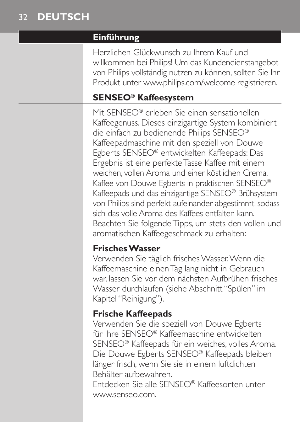 Deutsch, Deutsch 32 | Philips SENSEO® Viva Café Machine à café à dosettes User Manual | Page 32 / 118