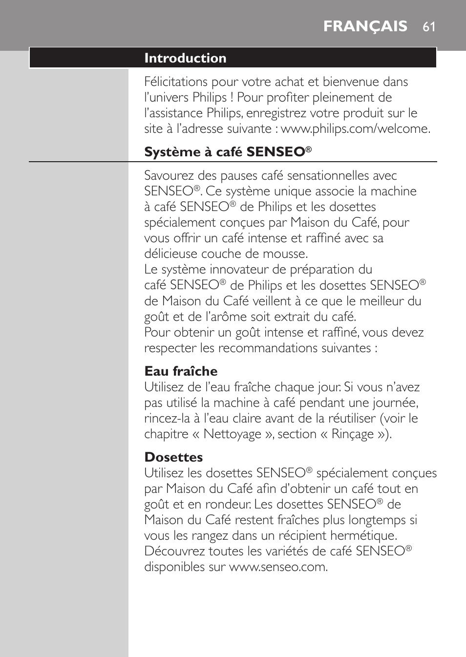 Français | Philips SENSEO® Viva Café Machine à café à dosettes User Manual | Page 61 / 118