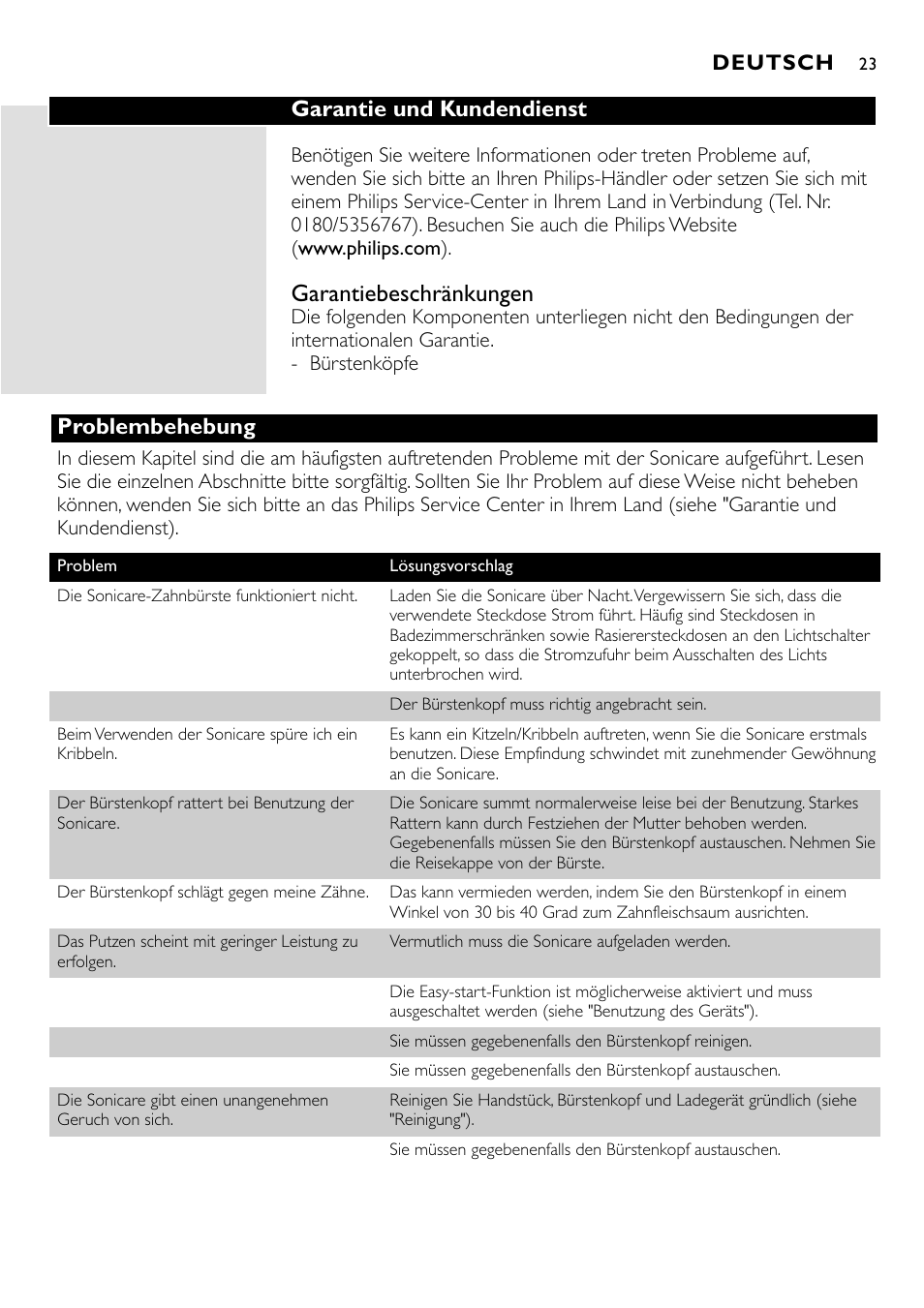 Garantiebeschränkungen, Garantie und kundendienst, Problembehebung | Philips Essence Brosse à dents Sonicare avec batterie User Manual | Page 23 / 84