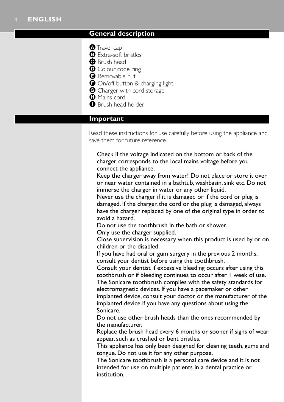 English 4 | Philips Essence Brosse à dents Sonicare avec batterie User Manual | Page 4 / 84