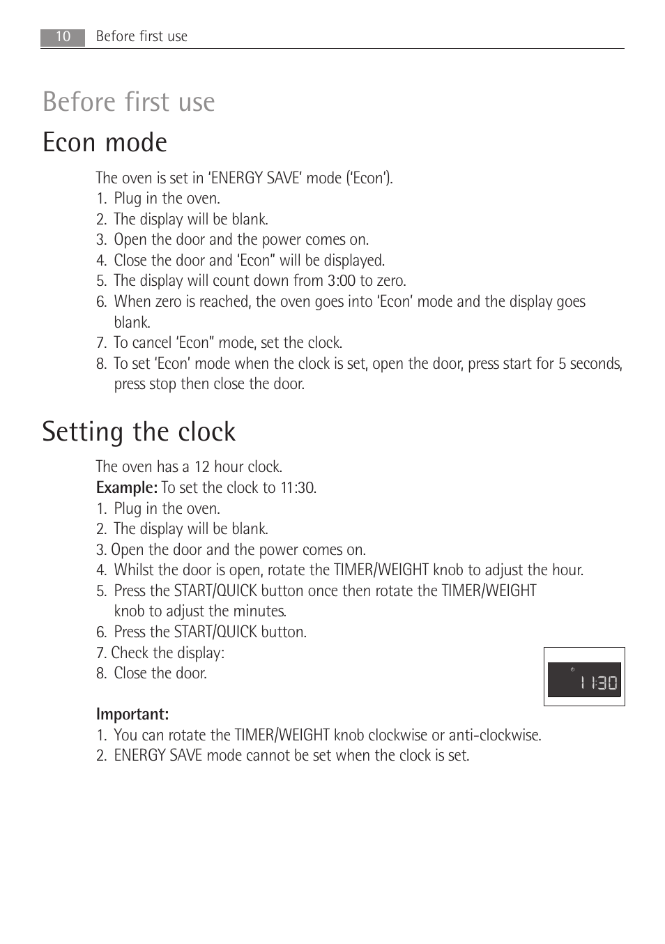 Econ mode, Setting the clock, Before first use | 10 before first use | AEG MCD2662E User Manual | Page 10 / 44