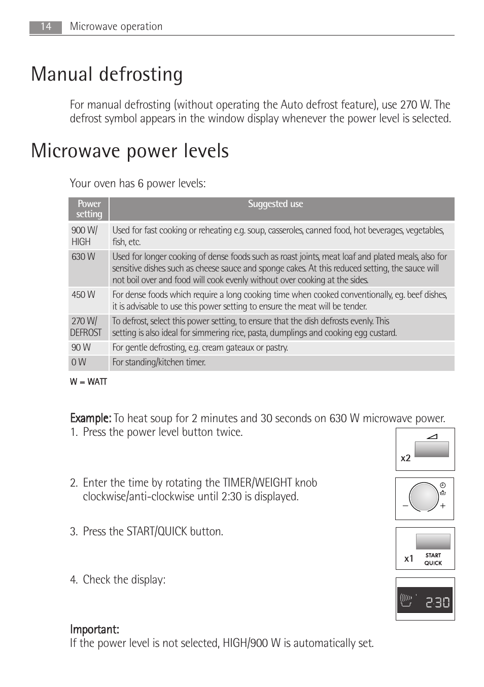 Manual defrosting, Microwave power levels | AEG MCD2662E User Manual | Page 14 / 44