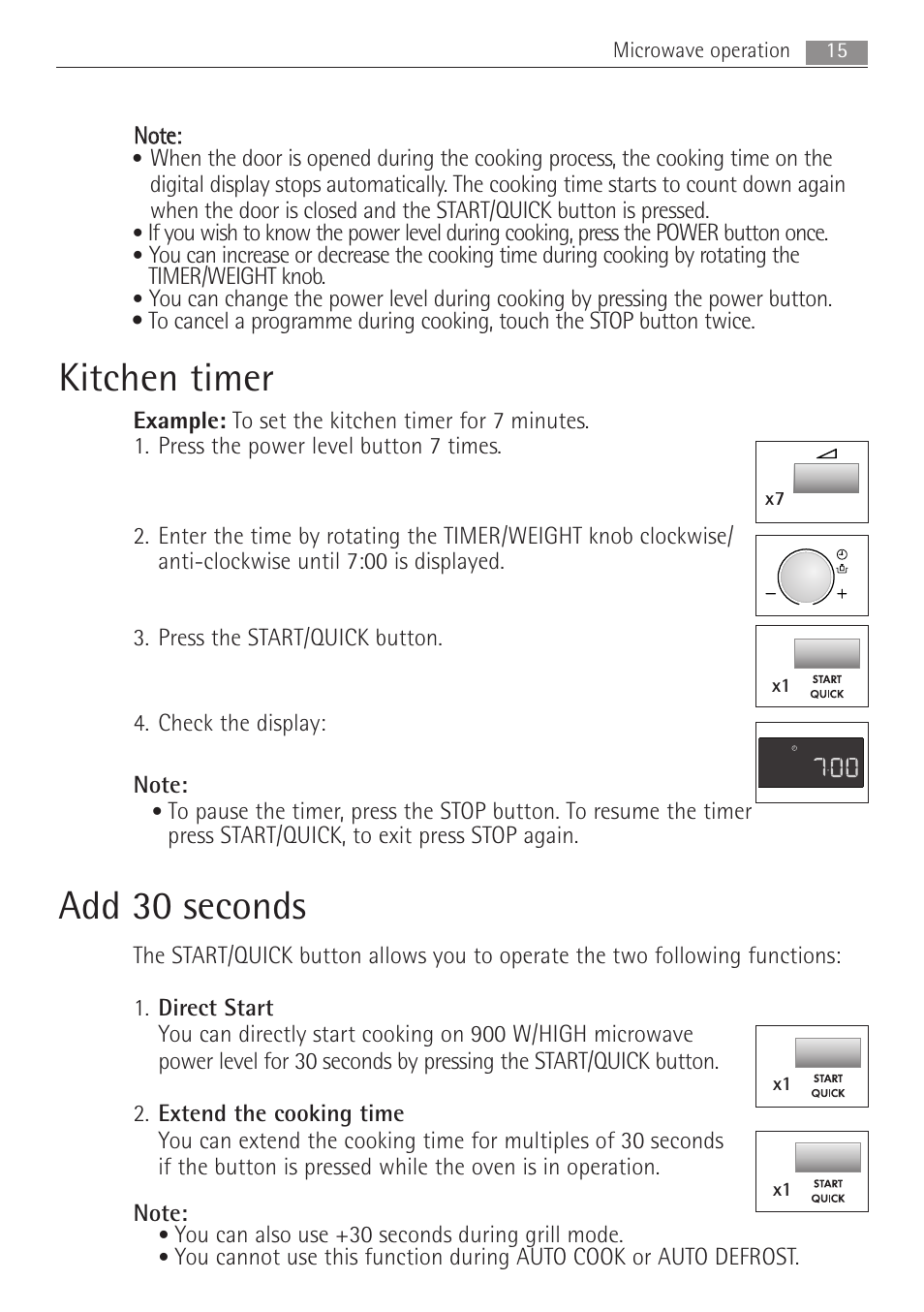 Kitchen timer, Add 30 seconds, Nno ottee | You can also use +30 seconds during grill mode | AEG MCD2662E User Manual | Page 15 / 44