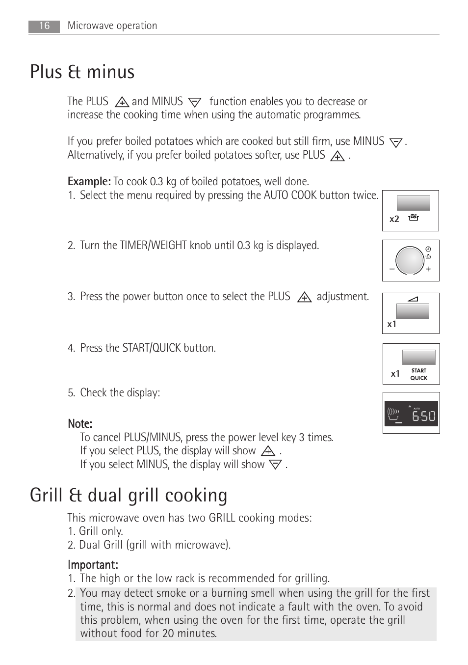 Plus & minus, Grill & dual grill cooking, 16 microwave operation | X2 x1 x1 | AEG MCD2662E User Manual | Page 16 / 44