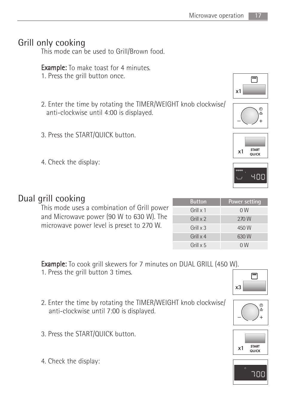 Grill only cooking, Dual grill cooking, 17 microwave operation | X3 x1 | AEG MCD2662E User Manual | Page 17 / 44