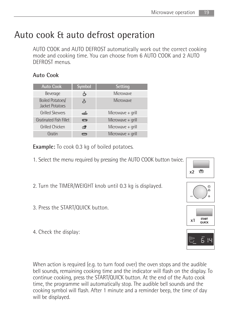 Auto cook & auto defrost operation, 19 microwave operation | AEG MCD2662E User Manual | Page 19 / 44