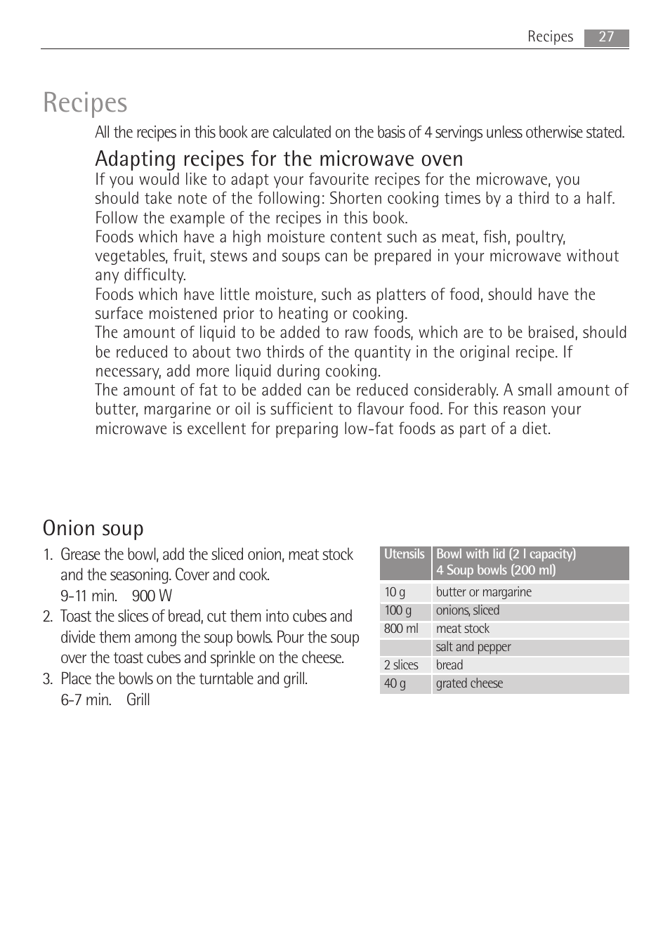 Recipes, Adapting recipes for the microwave oven, Onion soup | AEG MCD2662E User Manual | Page 27 / 44