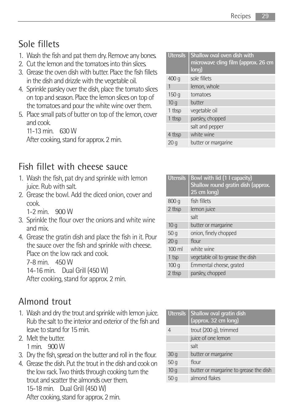 Sole fillets, Fish fillet with cheese sauce, Almond trout | AEG MCD2662E User Manual | Page 29 / 44