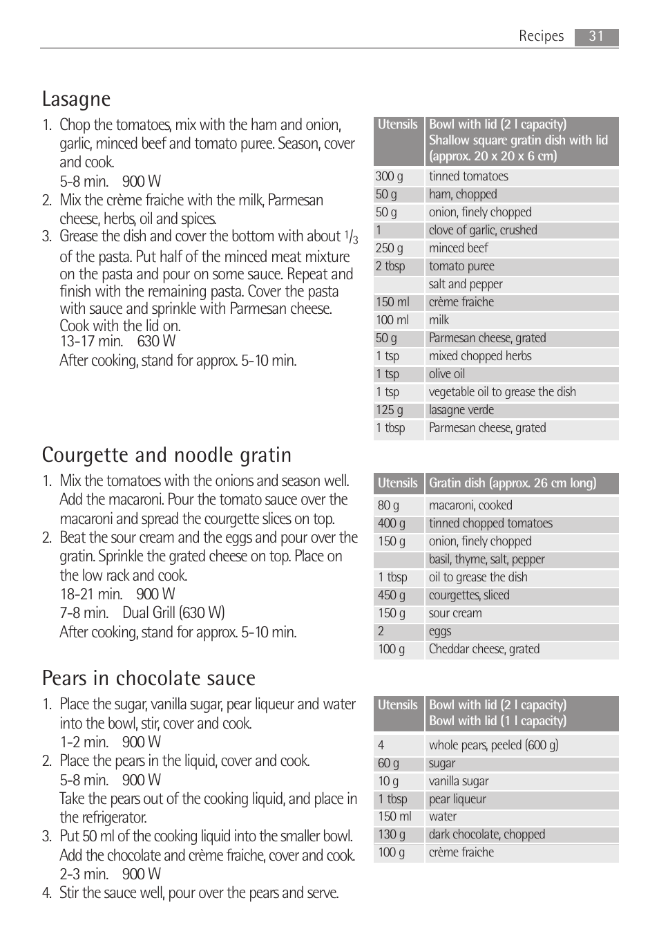 Courgette and noodle gratin, Lasagne, Pears in chocolate sauce | AEG MCD2662E User Manual | Page 31 / 44