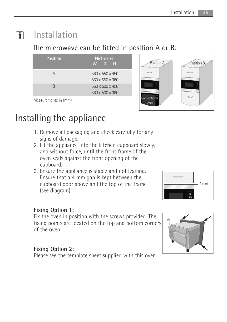 Installation installing the appliance, The microwave can be fitted in position a or b | AEG MCD2662E User Manual | Page 35 / 44