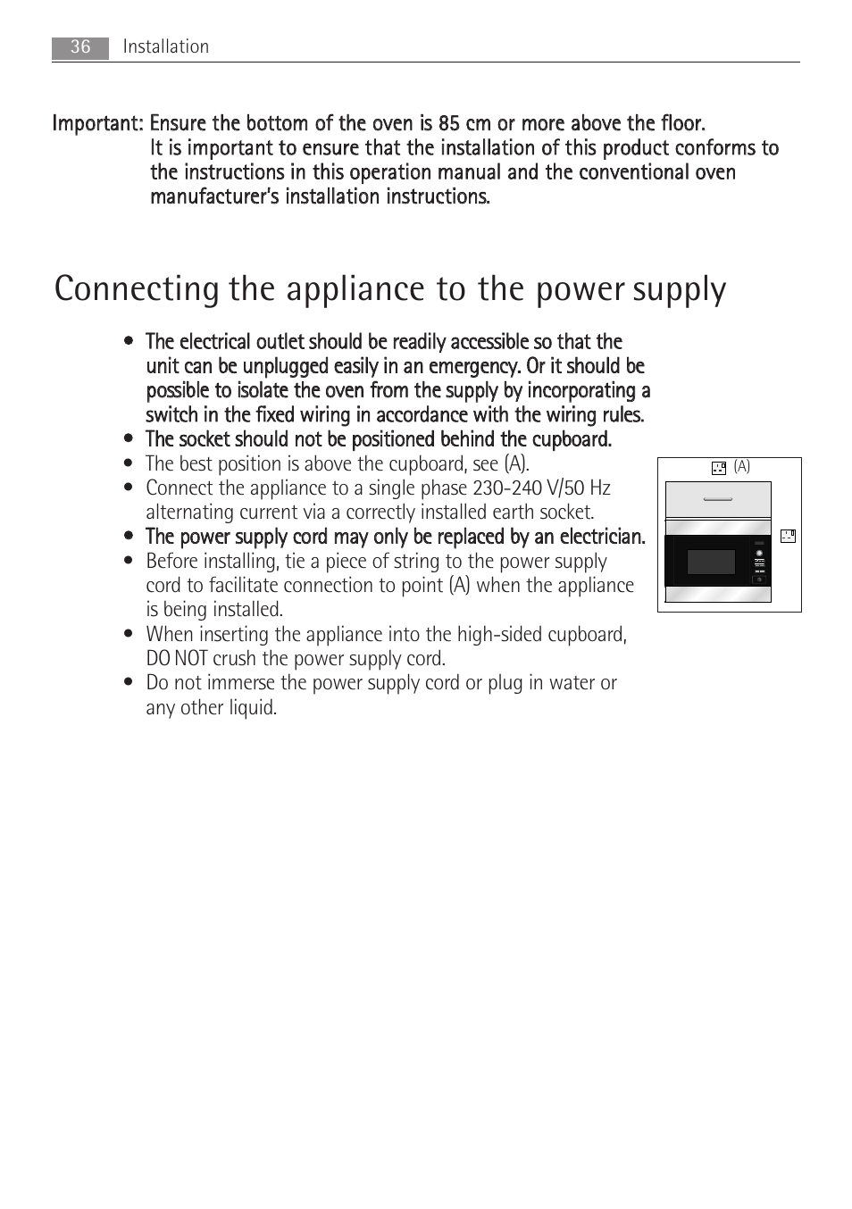 Connecting the appliance to the power supply | AEG MCD2662E User Manual | Page 36 / 44