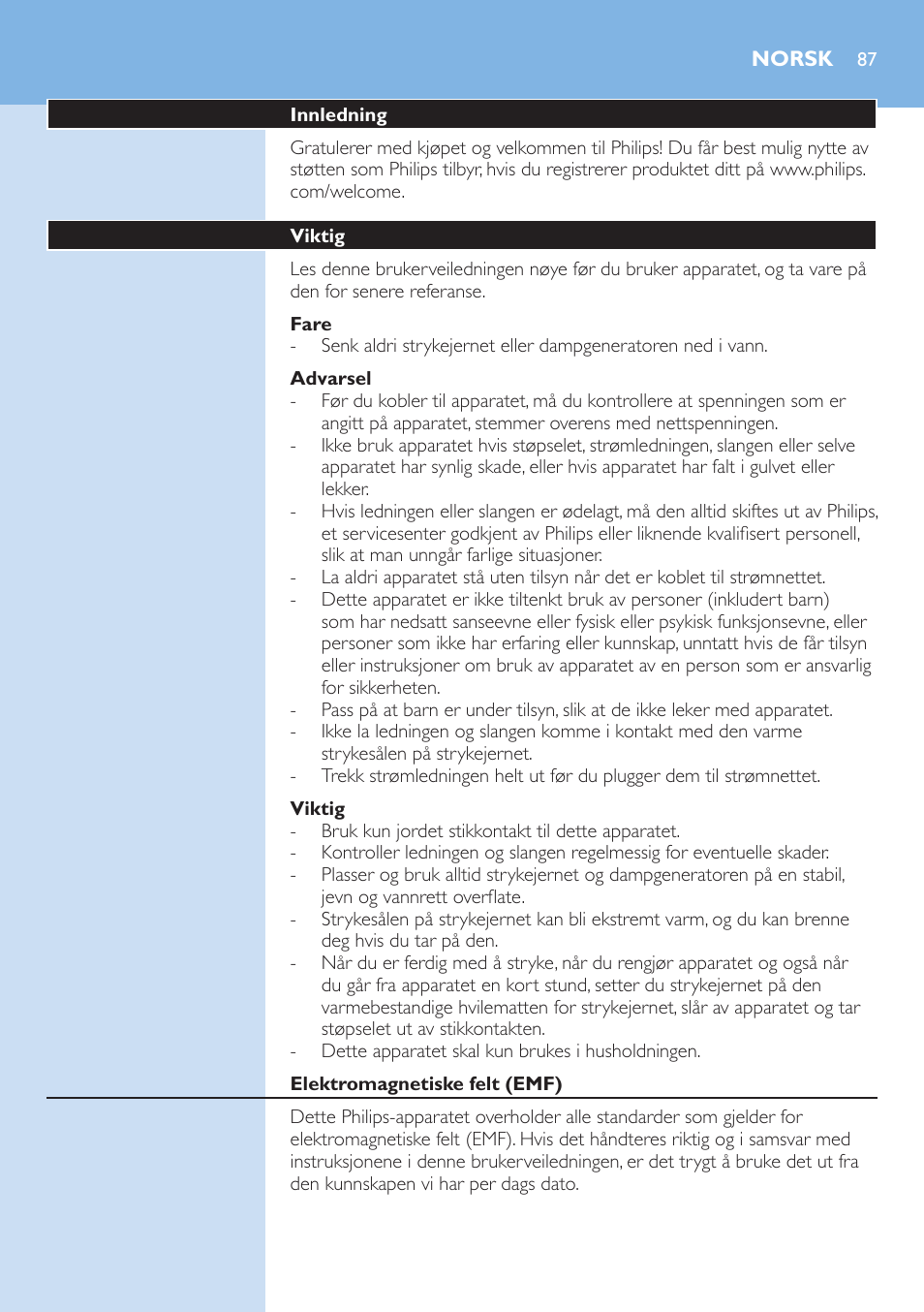 Fare, Advarsel, Viktig | Norsk, Innledning, Elektromagnetiske felt (emf), Generell beskrivelse (fig. 1) | Philips 9000 series Centrale vapeur haute pression User Manual | Page 87 / 122