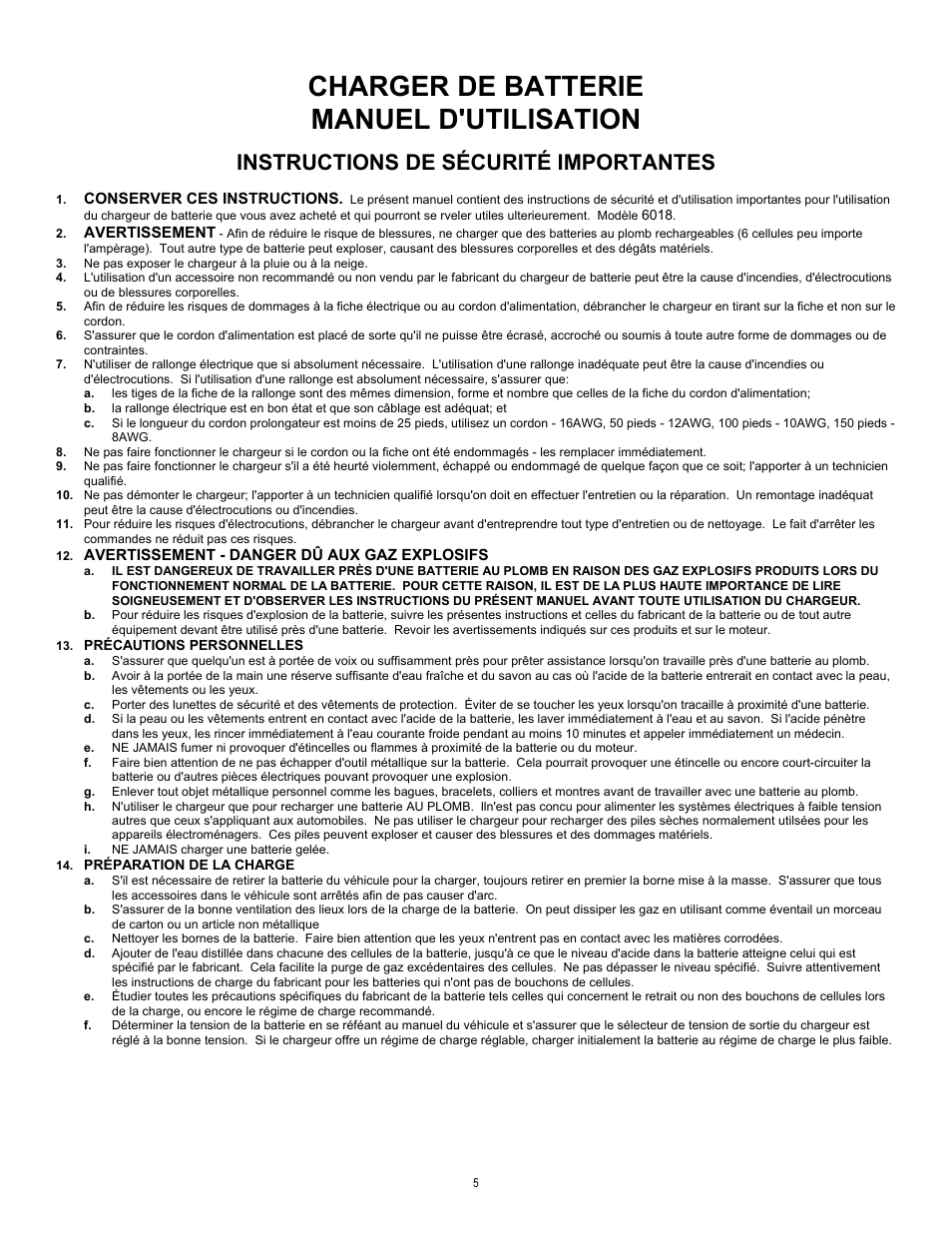 Charger de batterie manuel d'utilisation, Instructions de sécurité importantes | Associated Equipment W2224 User Manual | Page 5 / 13