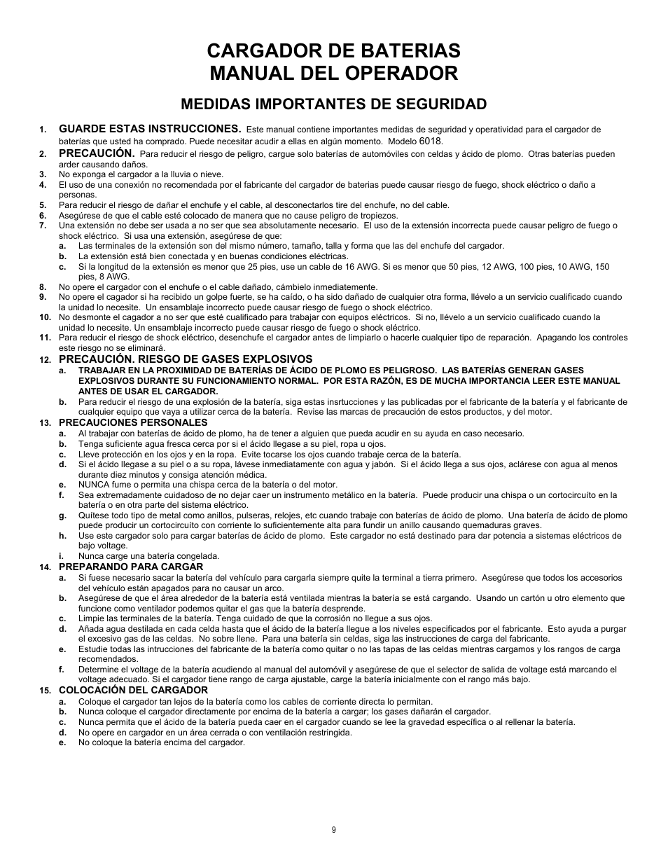 Cargador de baterias manual del operador, Medidas importantes de seguridad | Associated Equipment W2224 User Manual | Page 9 / 13