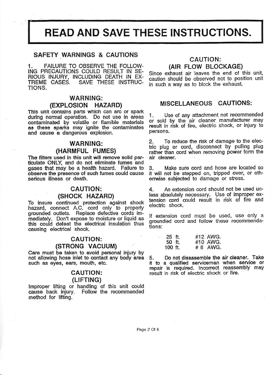 Safety warnings & cautions, Warning, Explosion hazard) | Harmful fumes), Caution, Shock hazard), Strong vacuum), Lifting), Air flow blockage), Miscellaneous cautions | Associated Equipment 73-600 User Manual | Page 2 / 6