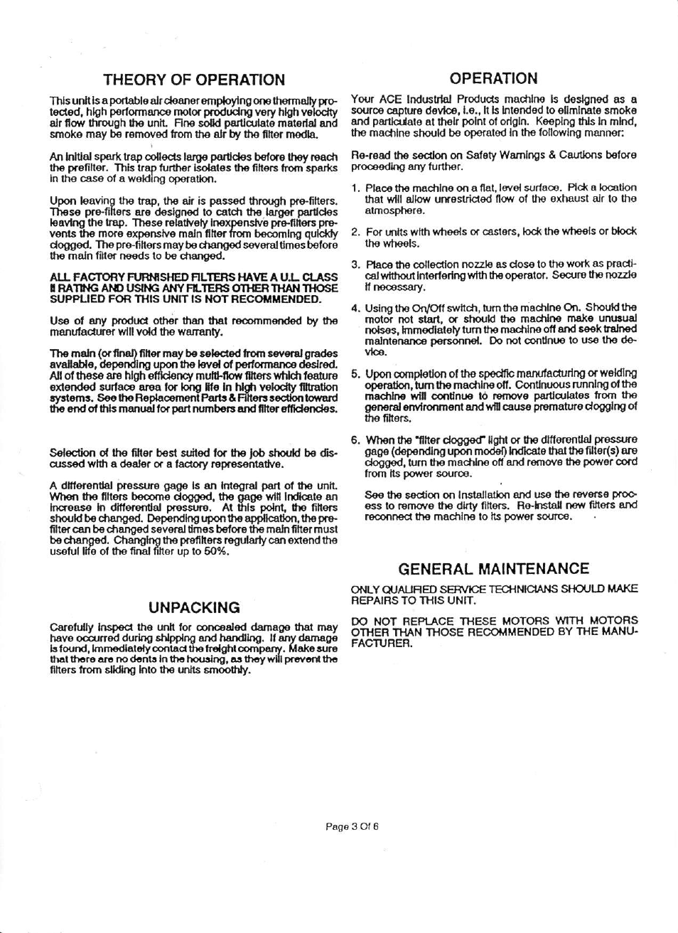 Theory of operation, Operation, Unpacking | General maintenance | Associated Equipment 73-600 User Manual | Page 3 / 6