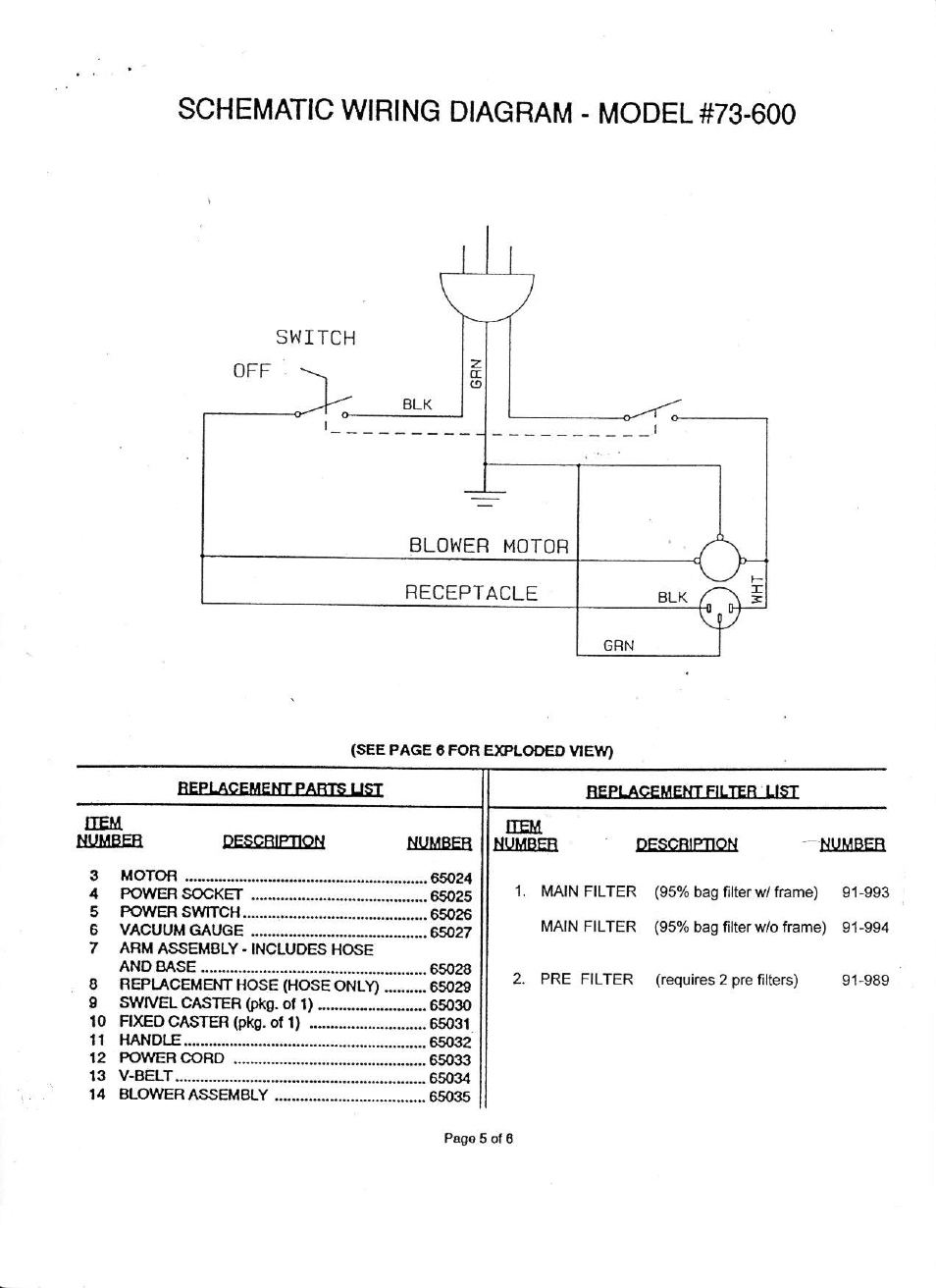 Schematic wiring diagram - model #73-600 | Associated Equipment 73-600 User Manual | Page 5 / 6