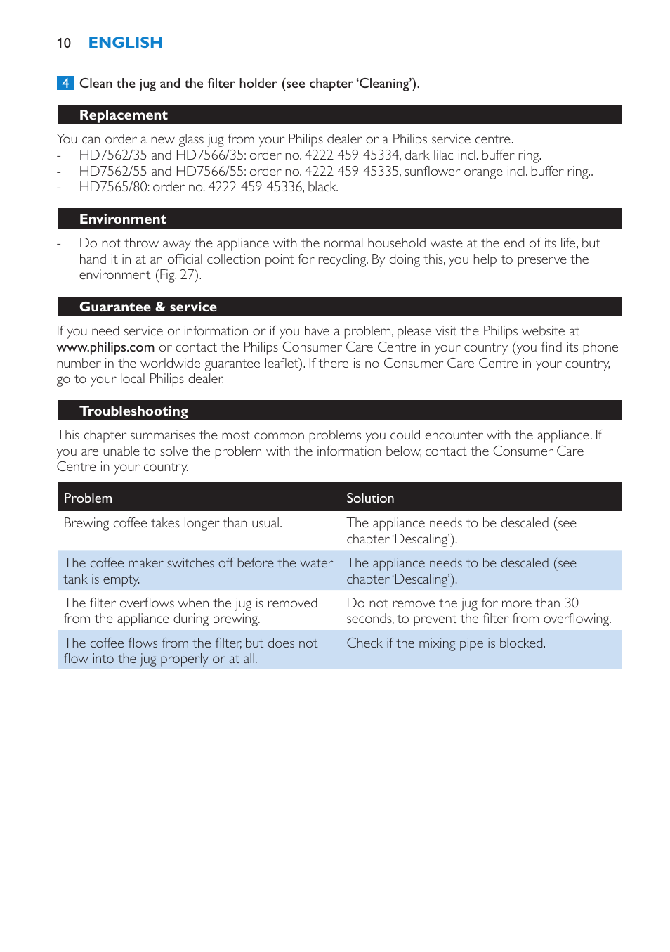 Replacement, Environment, Guarantee & service | Troubleshooting | Philips Viva Cafetière User Manual | Page 10 / 60