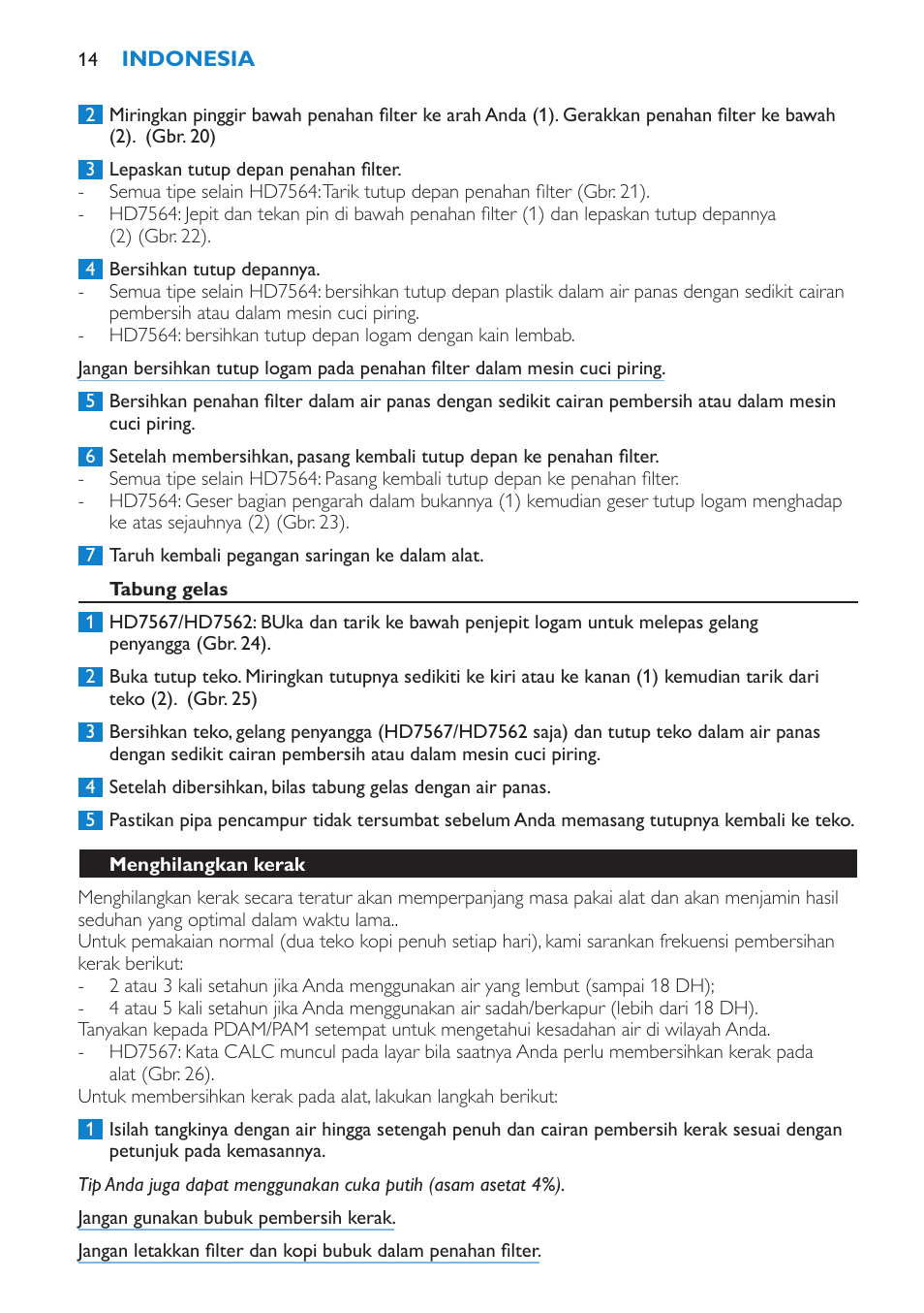 Tabung gelas, Menghilangkan kerak | Philips Viva Cafetière User Manual | Page 14 / 60