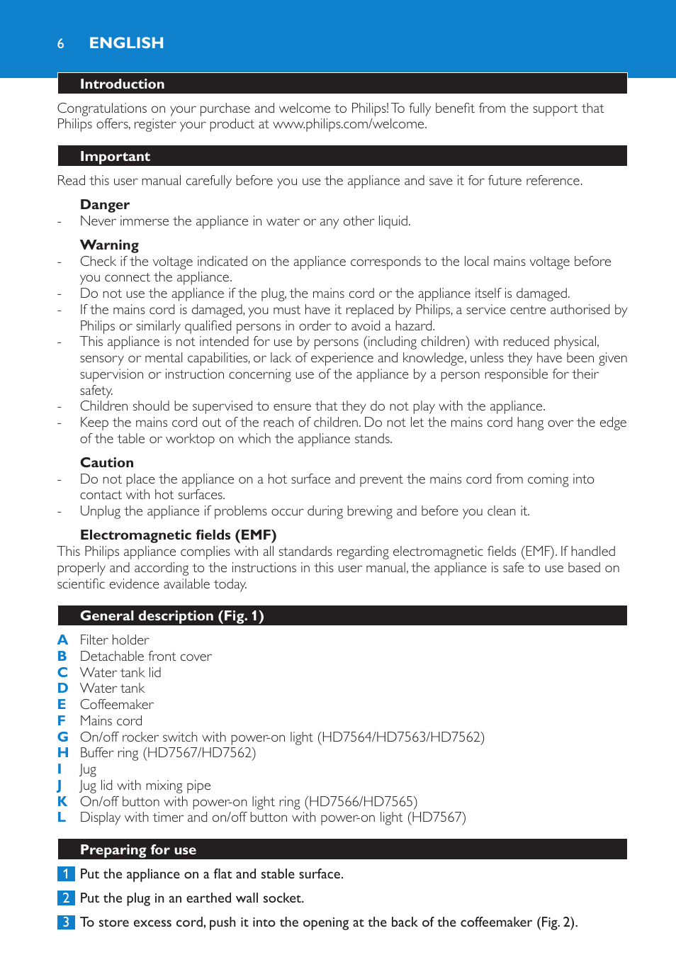 English, Introduction, Important | Danger, Warning, Caution, Electromagnetic fields (emf), General description (fig. 1), Preparing for use | Philips Viva Cafetière User Manual | Page 6 / 60