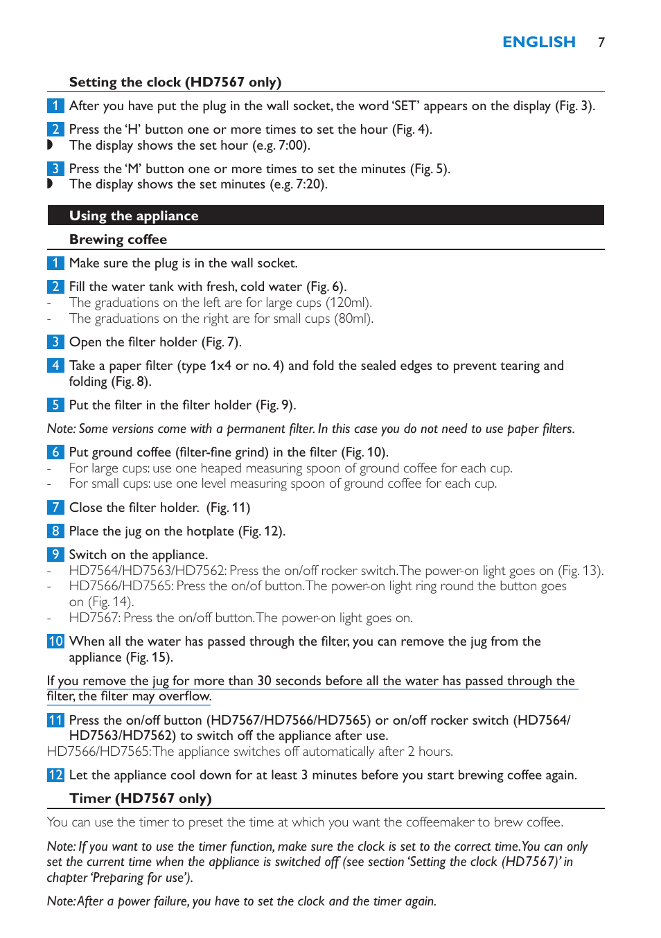 Setting the clock (hd7567 only), Using the appliance, Brewing coffee | Timer (hd7567 only) | Philips Viva Cafetière User Manual | Page 7 / 60