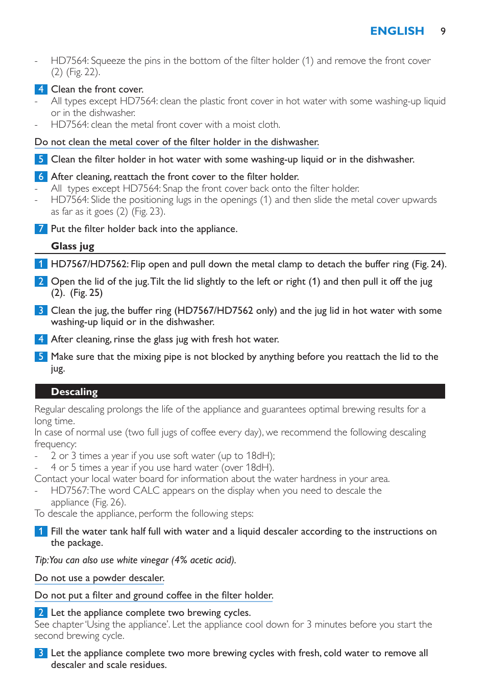 Glass jug, Descaling | Philips Viva Cafetière User Manual | Page 9 / 60