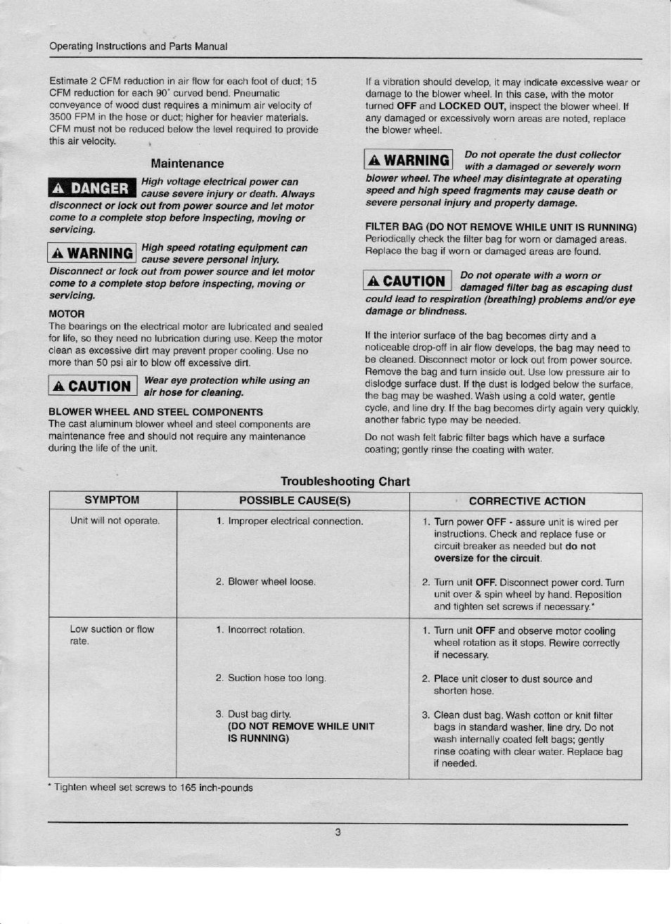 Motor, Blower wheel and steel components, Filter bag (do not remove while unit is running) | Danger, Warning, A caution, A warning | Associated Equipment 3HP User Manual | Page 3 / 8