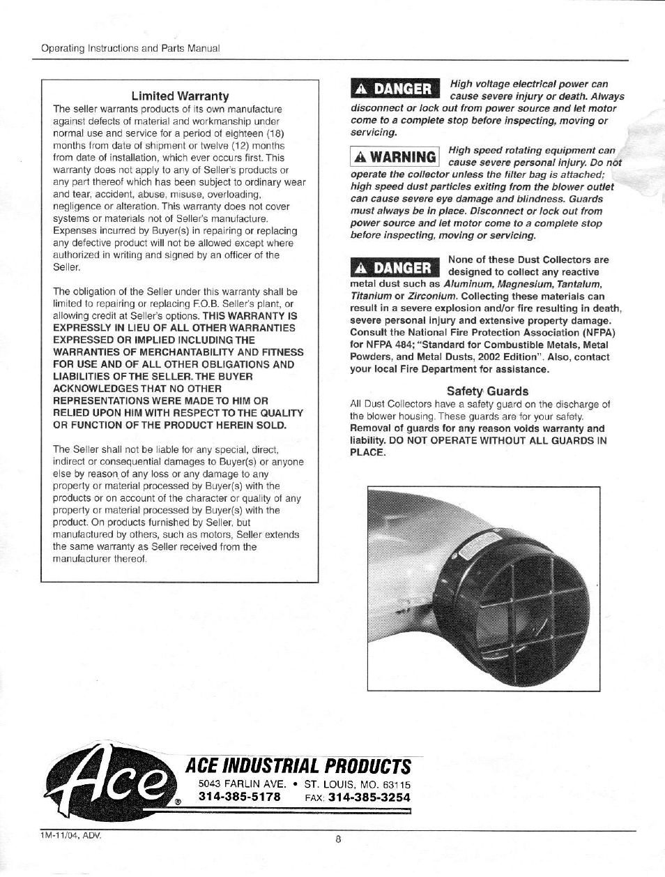 Safety guards, Ace industrial products, A danger | A warning, A, danger | Associated Equipment 3HP User Manual | Page 8 / 8