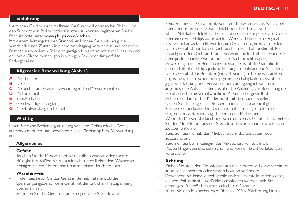 Deutsch, Einführung, Allgemeine beschreibung (abb. 1) | Wichtig, Allgemeines, Gefahr, Warnhinweis | Philips Robust Collection Blender User Manual | Page 11 / 32