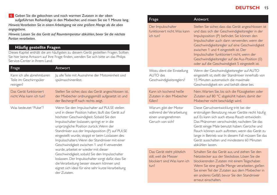 Standmixer, Den standmixer vorbereiten, Den mixer verwenden | Nach verwendung des standmixers, Deutsch | Philips Robust Collection Blender User Manual | Page 15 / 32