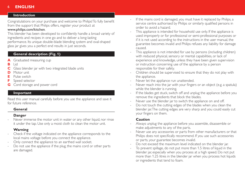 English, Introduction, General description (fig. 1) | Important, General, Danger, Warning | Philips Robust Collection Blender User Manual | Page 6 / 32
